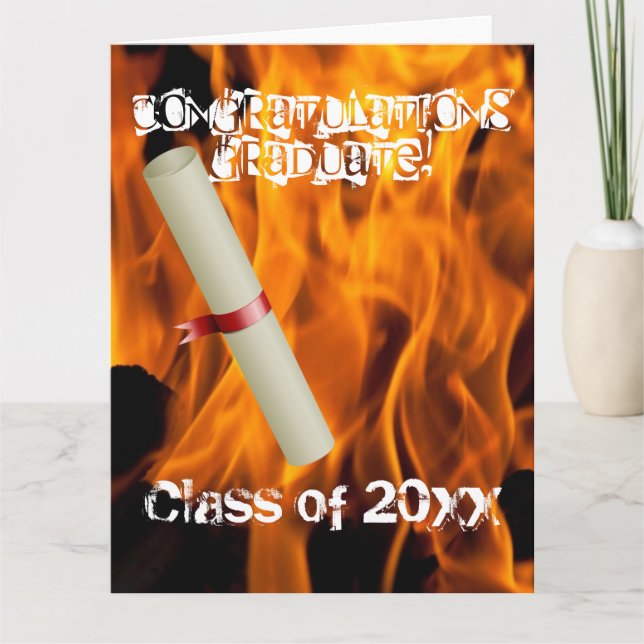 Grad Class Fancy Personalize Name Fire Flames Card (Front)