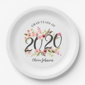 Grad Class of 2020 | Pink Watercolor Flowers Paper Plate