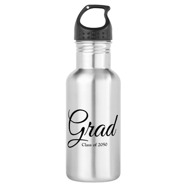 Grad class of 2024 black custom script text stainless steel water bottle (Front)