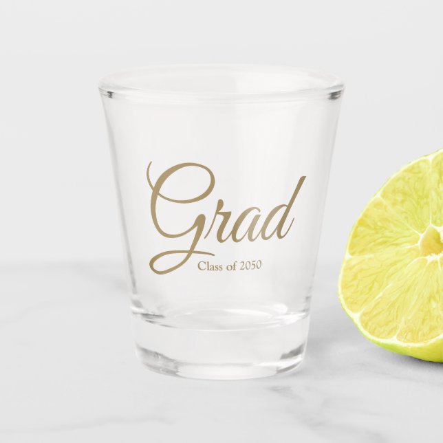 Grad class of 2024 gold custom script text shot glass (Front)