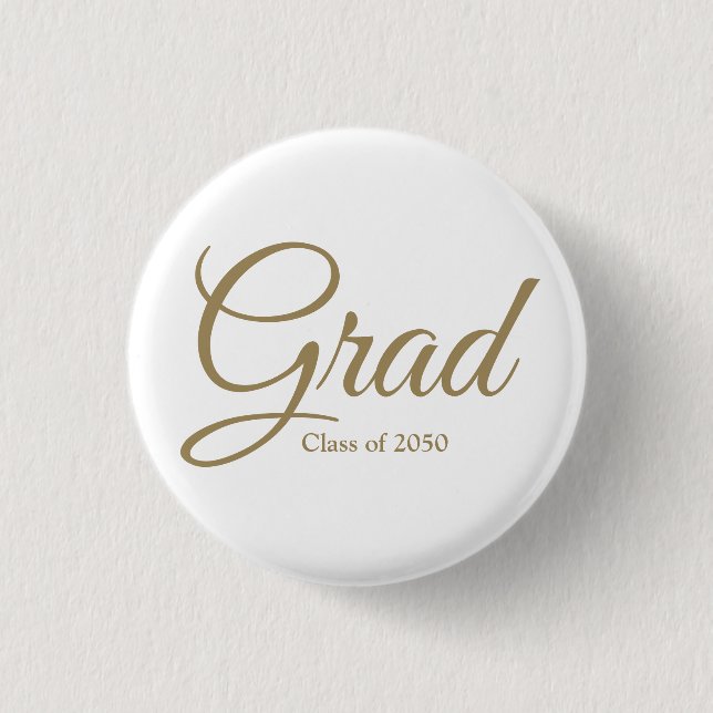 Grad class of 2024 gold white custom script text button (Front)