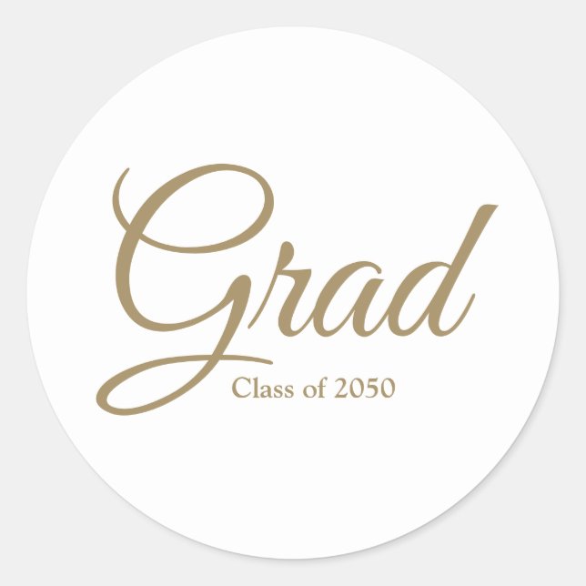 Grad class of 2024 gold white custom script text classic round sticker (Front)