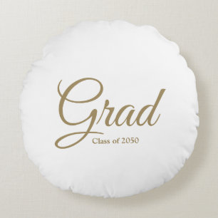 Grad class of 2024 gold white custom script text round pillow