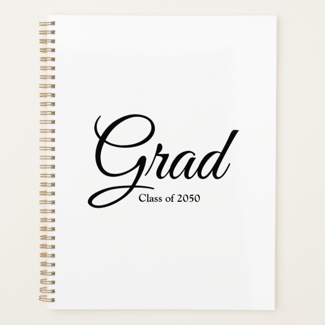 Grad class year black white custom script text planner (Front)