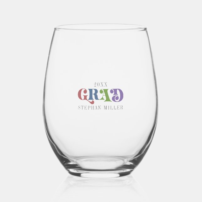 Grad Colorful Retro Typography Stemless Wine Glass (Front)