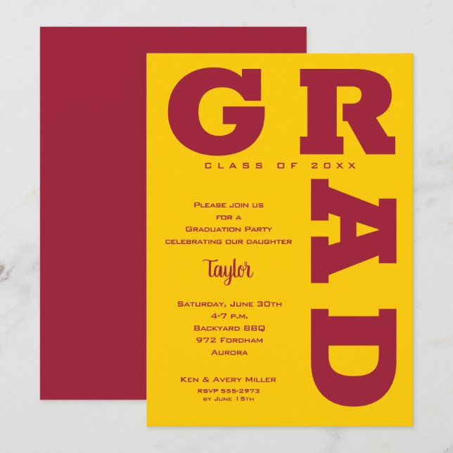 GRAD Crimson on Gold Graduation Invitation (Front/Back)