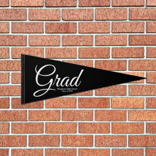 Grad custom school class year elegant script black pennant flag