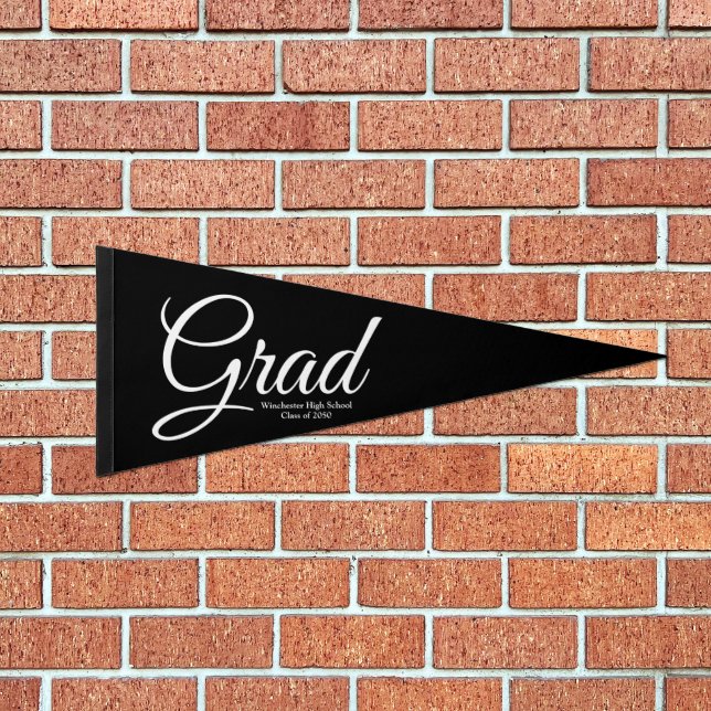 Grad custom school class year elegant script black pennant flag (Front)