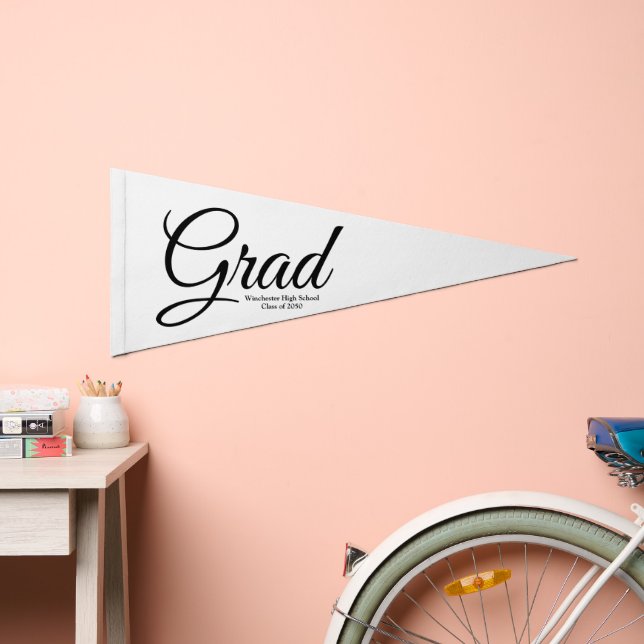 Grad custom school class year elegant script white pennant flag (Front)