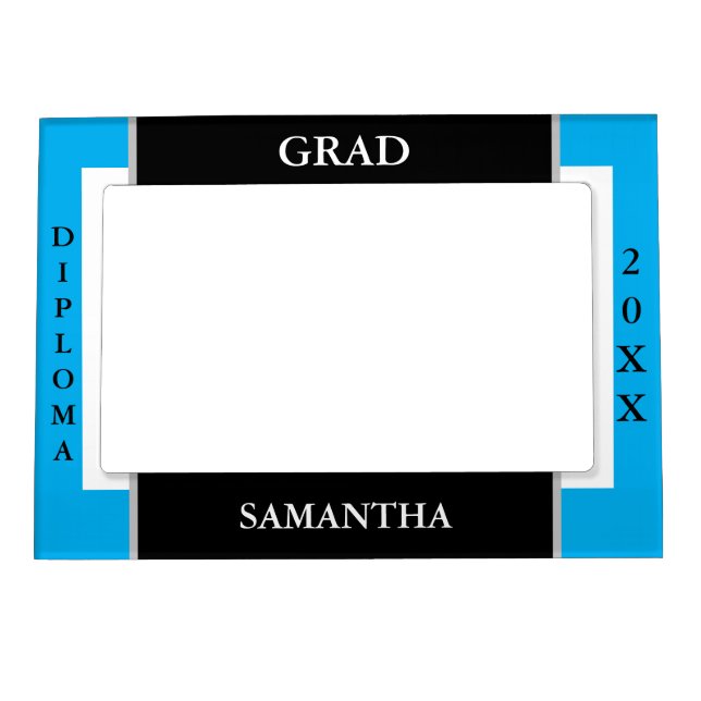Grad Diploma Sky Blue Black Name Magnetic Frame (Front)
