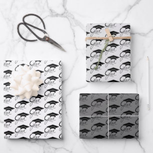 Grad Elegant Black Graduation Cap Script  Wrapping Paper Sheets