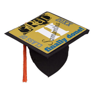 Grad Finally Done Monogram Gold Black Graduation Cap Topper