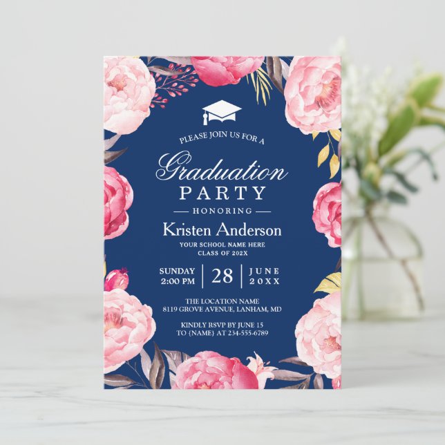 Grad Floral Wreath Navy Blue Graduation Party Invitation (Standing Front)