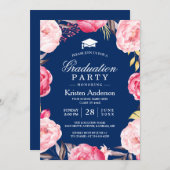 Grad Floral Wreath Navy Blue Graduation Party Invitation (Front/Back)