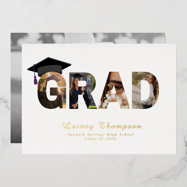 GRAD Foil Typography 4 Image Graduation  Invitation (Front/Back)