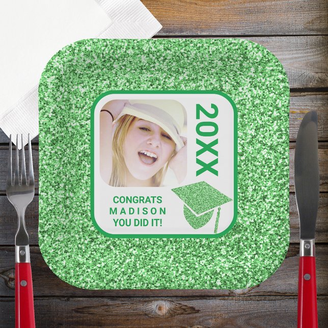 Grad Glam Green Cap Elegant Cool Photo Party Paper Plates (Creator Uploaded)