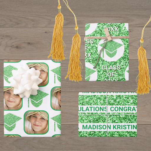 Grad Glam Green Cap Modern Assorted Celebrate Wrapping Paper Sheets