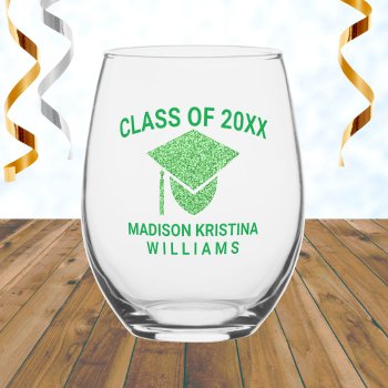 Grad Glam Green Cap Name Class Of Graduation Stemless Wine Glass by ArtfulDesignsByVikki at Zazzle