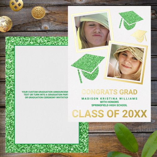 Grad Glam Green Cap Photo Collage Graduate Foil Invitation
