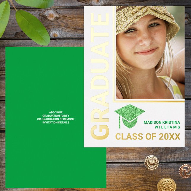 Grad Glam Green Cap Stylish Graduate Photo Foil Invitation (Creator Uploaded)