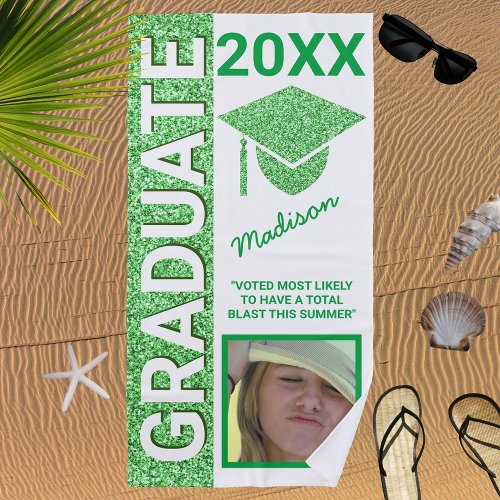 Grad Glam Green Cap Summer Photo Typography Beach Towel