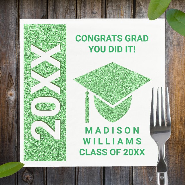 Grad Glam Green Cap Typography Simple Party Napkins (Creator Uploaded)