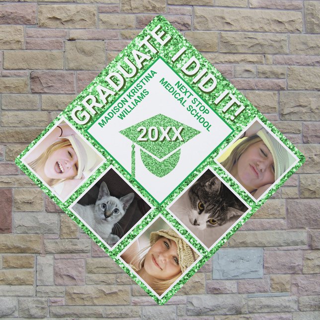 Grad Glam Green Celebration Trendy 5 Photo Graduation Cap Topper (Creator Uploaded)