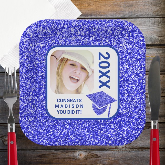 Grad Glam Navy Cap Elegant Cool Photo Party Paper Plates (Creator Uploaded)