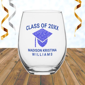 Grad Glam Navy Cap Name Class Of Graduation Stemless Wine Glass by ArtfulDesignsByVikki at Zazzle