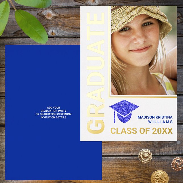 Grad Glam Navy Cap Stylish Graduate Photo Foil Invitation (Creator Uploaded)