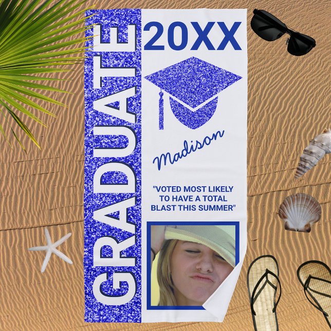 Grad Glam Navy Cap Summer Photo Typography Beach Towel (Creator Uploaded)
