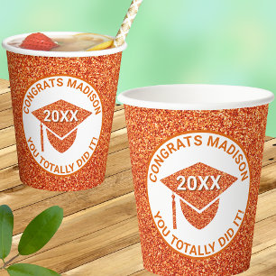 Grad Glam Orange Cap Chic Elegant School Party Paper Cups