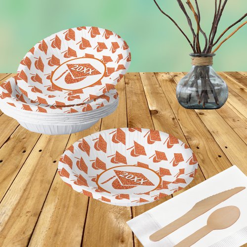 Grad Glam Orange Cap Chic School Colors Pattern Paper Bowls