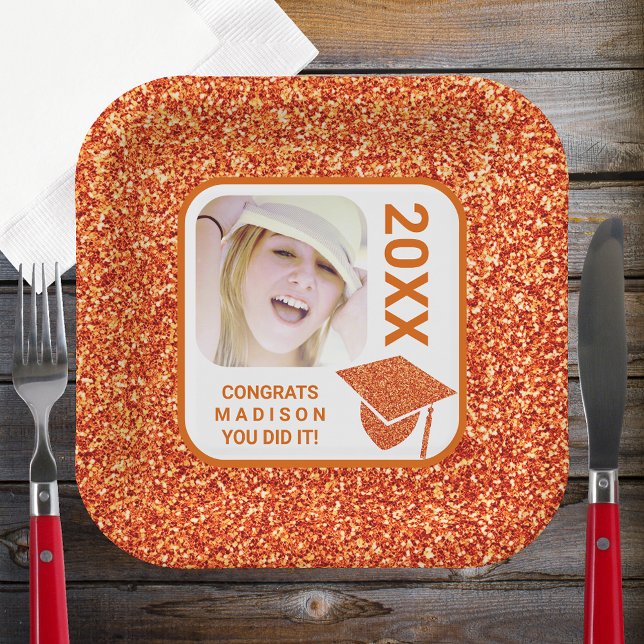 Grad Glam Orange Cap Elegant Cool Photo Party Paper Plates (Creator Uploaded)