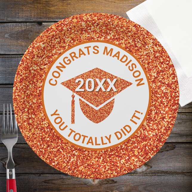 Grad Glam Orange Cap Elegant Graduation Party Paper Plates (Creator Uploaded)