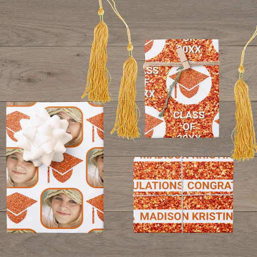 Grad Glam Orange Cap Modern Assorted Celebrate Wrapping Paper Sheets