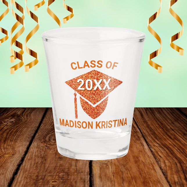 Grad Glam Orange Cap Personalized Chic Elegant Shot Glass (Creator Uploaded)