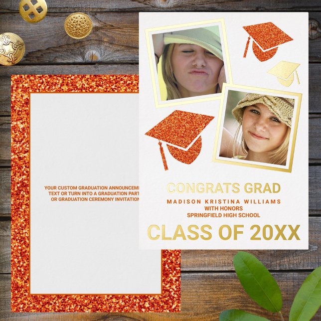 Grad Glam Orange Cap Photo Collage Graduate Foil Invitation (Creator Uploaded)