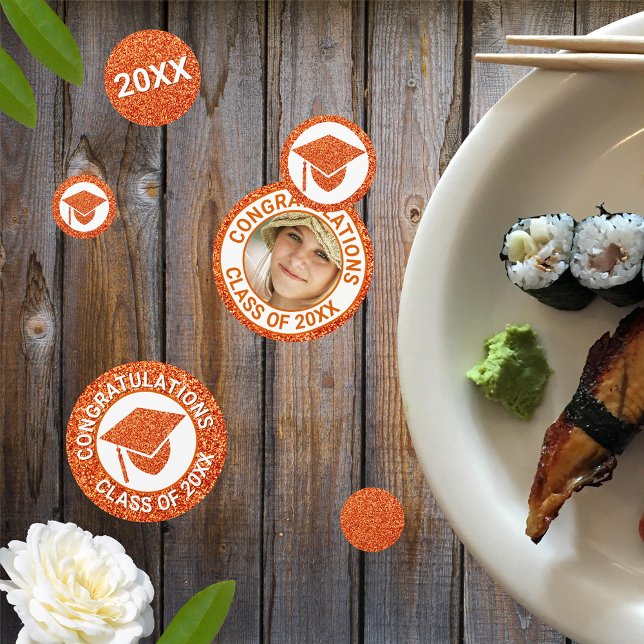 Grad Glam Orange Cap Photo Graduation Party Confetti (Creator Uploaded)
