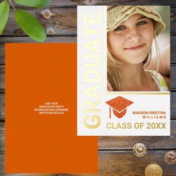 Grad Glam Orange Cap Stylish Graduate Photo Foil Invitation by ArtfulDesignsByVikki at Zazzle