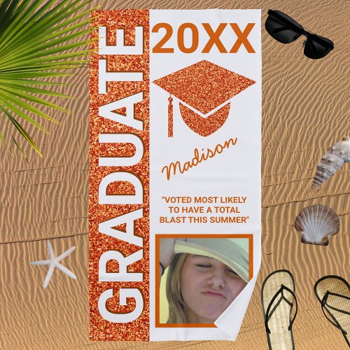 Grad Glam Orange Cap Summer Photo Typography Beach Towel