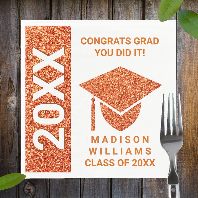 Grad Glam Orange Cap Typography Simple Party Napkins (Creator Uploaded)
