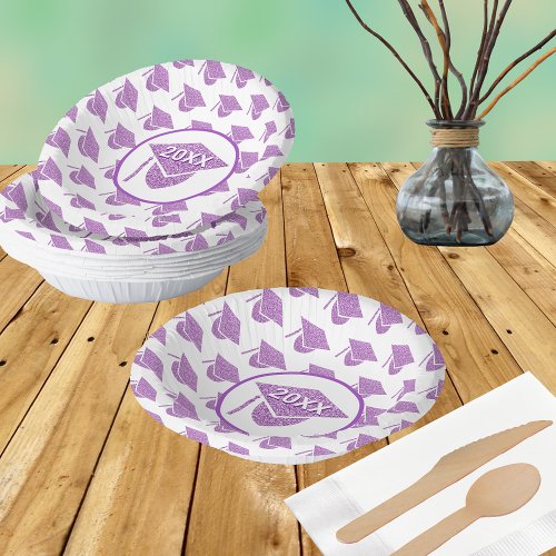 Grad Glam Purple Cap Chic School Colors Pattern Paper Bowls