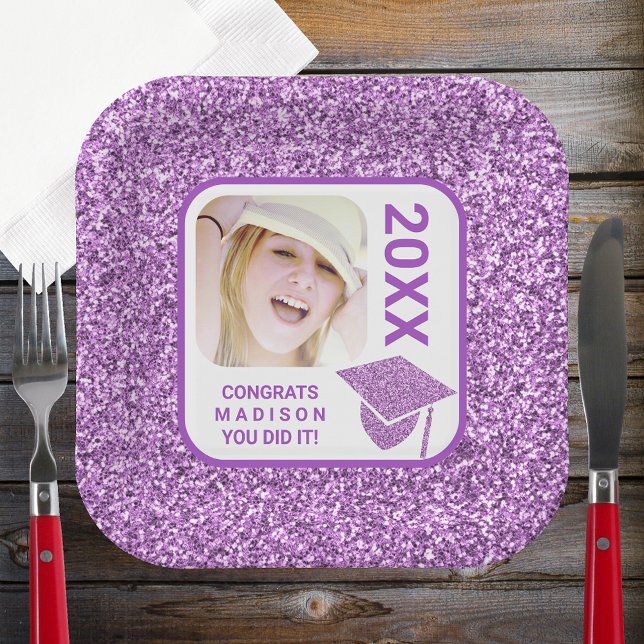 Grad Glam Purple Cap Elegant Cool Photo Party Paper Plates (Creator Uploaded)