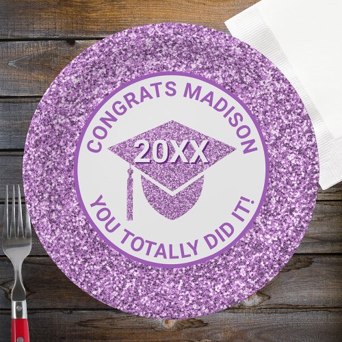 Grad Glam Purple Cap Elegant Graduation Party Paper Plates