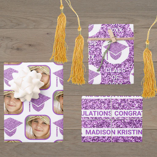 Grad Glam Purple Cap Modern Assorted Celebrate Wrapping Paper Sheets