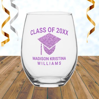 Grad Glam Purple Cap Name Class Of Graduation Stemless Wine Glass by ArtfulDesignsByVikki at Zazzle
