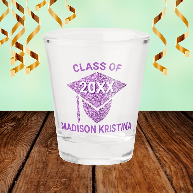 Grad Glam Purple Cap Personalized Chic Elegant Shot Glass (Creator Uploaded)