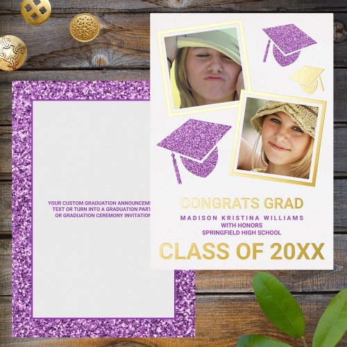 Grad Glam Purple Cap Photo Collage Graduate Foil Invitation