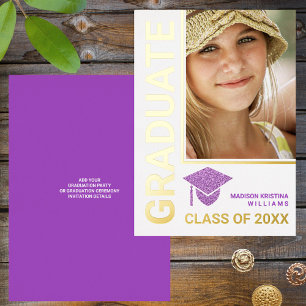 Grad Glam Purple Cap Stylish Graduate Photo Foil Invitation